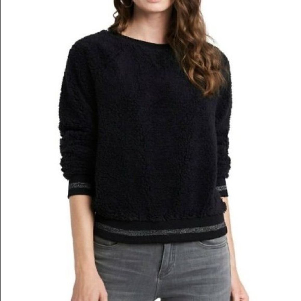 NWT 1. State Black Teddy Long Sleeve Crew Neck Pullover Sweatshirt Sz S